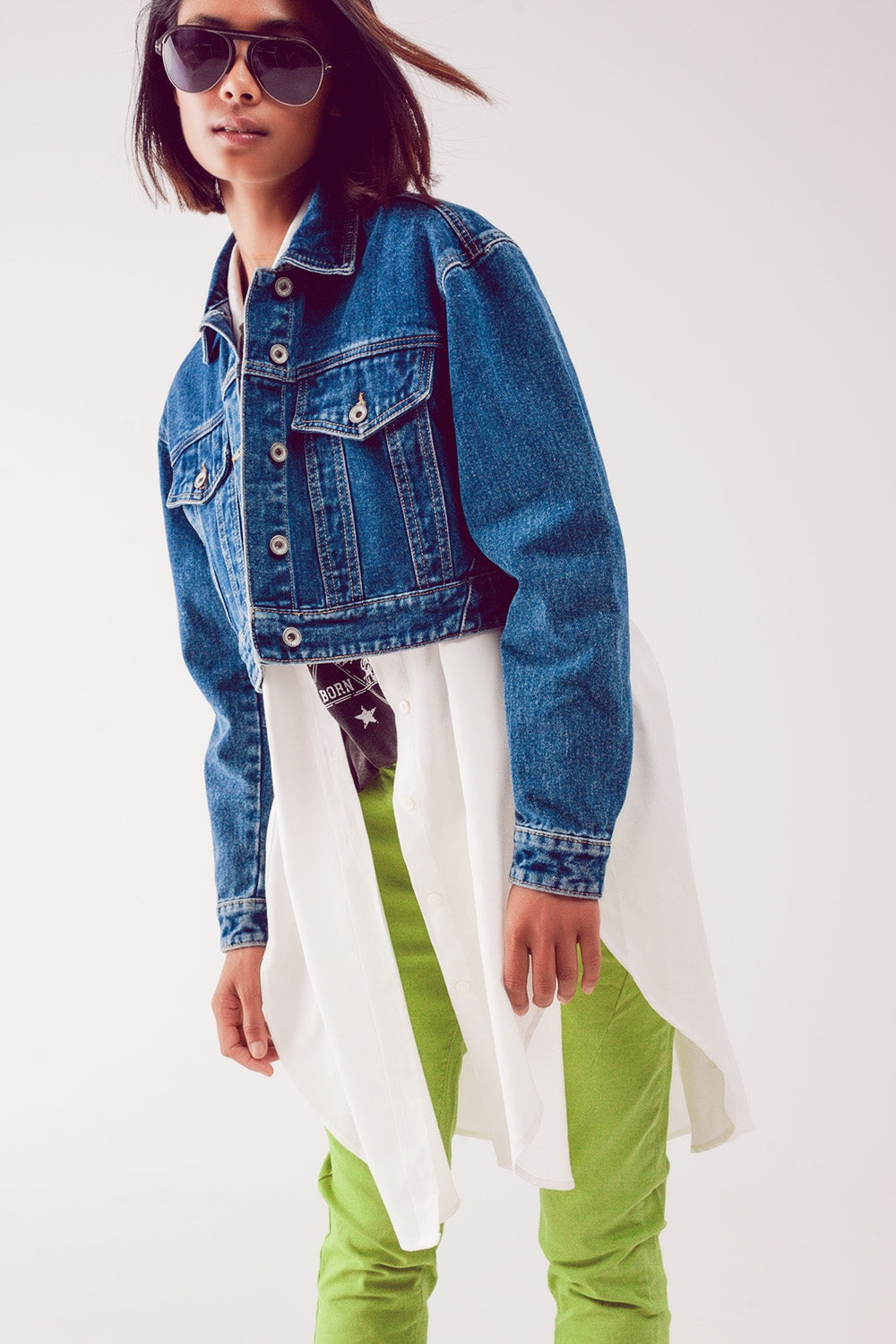 Cropped denim jacket in mid blue Q2 Coats and Jackets BoutiqueLua