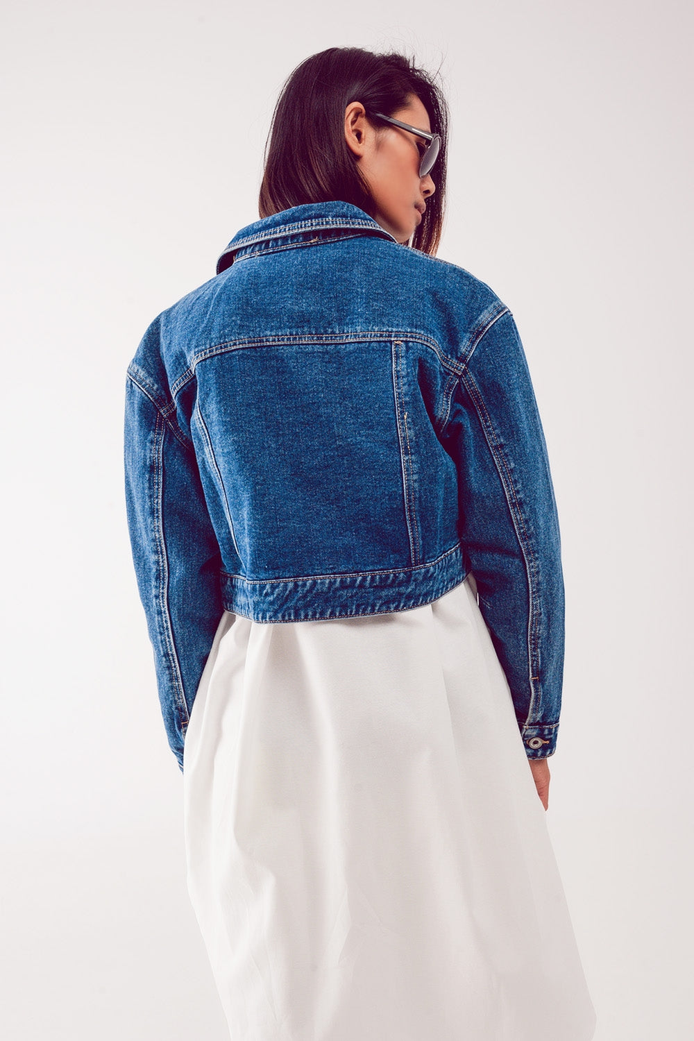 Cropped denim jacket in mid blue Q2 Coats and Jackets BoutiqueLua