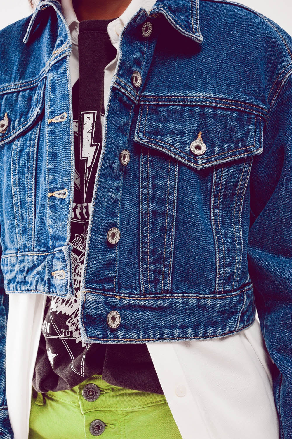 Cropped denim jacket in mid blue Q2 Coats and Jackets BoutiqueLua