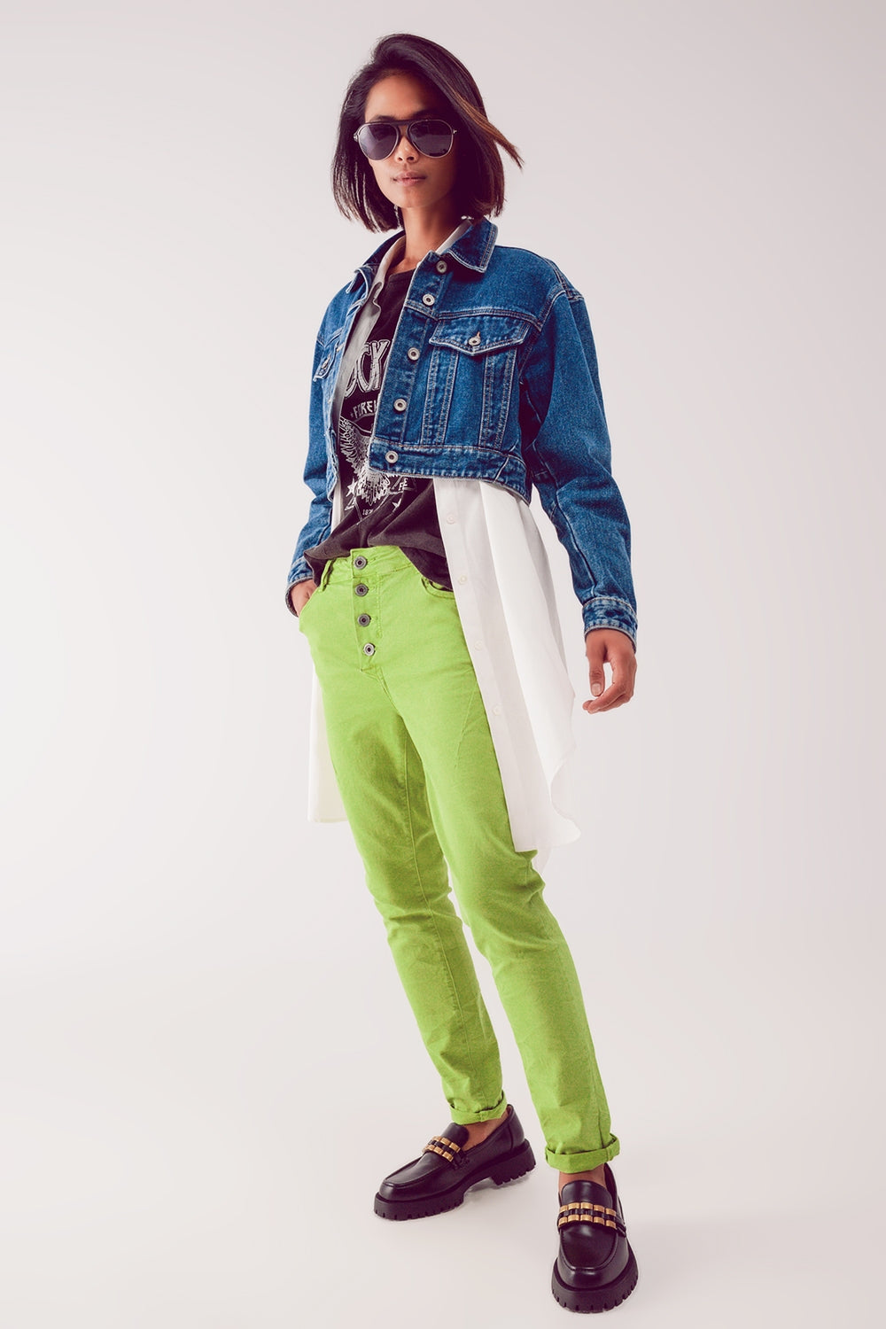 Cropped denim jacket in mid blue Q2 Coats and Jackets BoutiqueLua