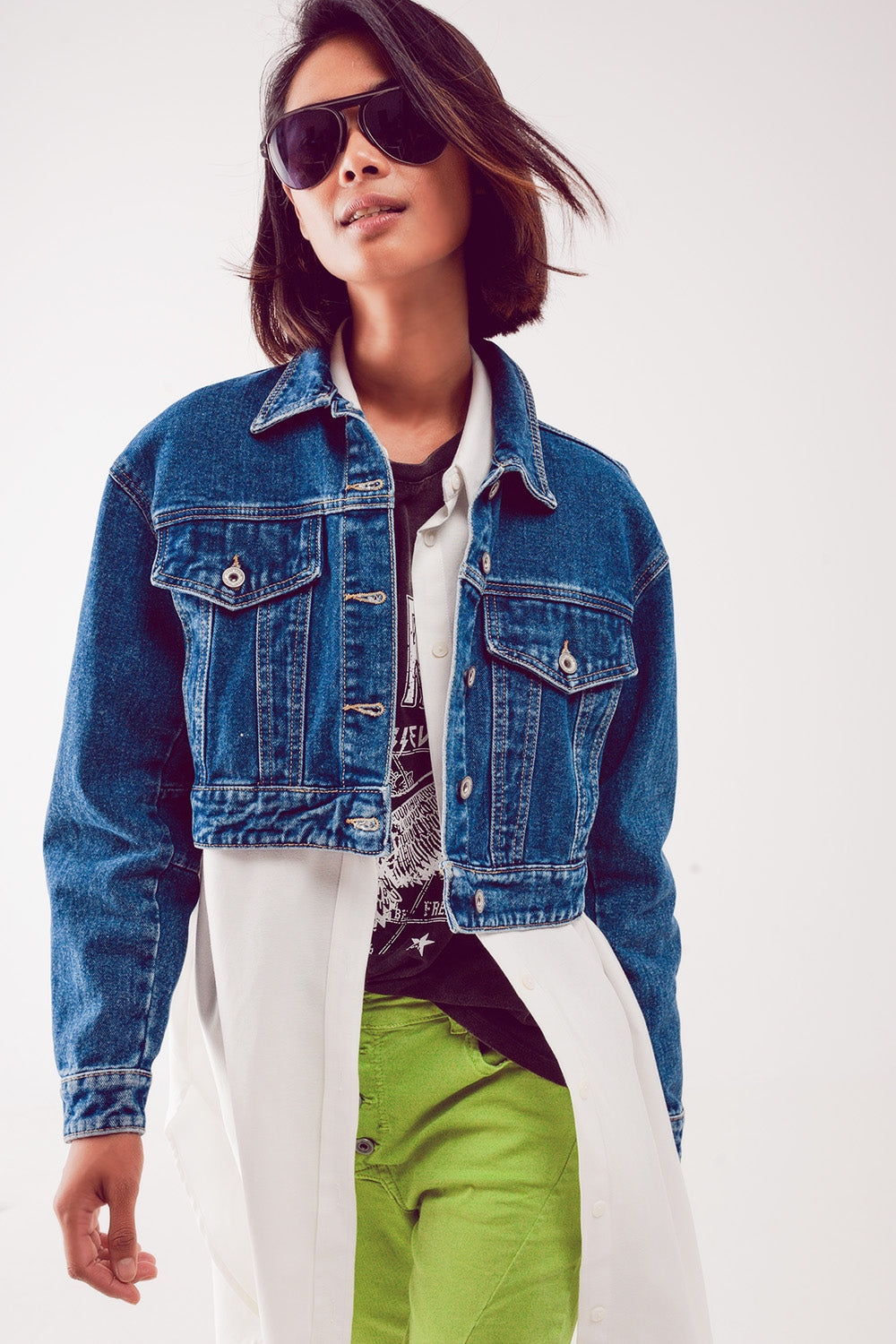 Cropped denim jacket in mid blue Q2 Coats and Jackets BoutiqueLua