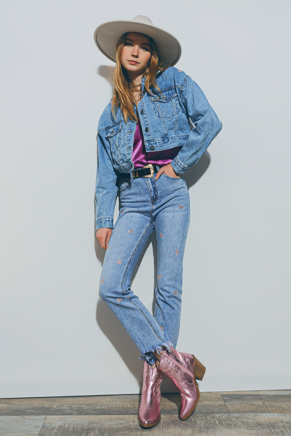 Cropped Denim Jacket With Embellished Hearts in Mid Wash Q2 Coats and Jackets BoutiqueLua