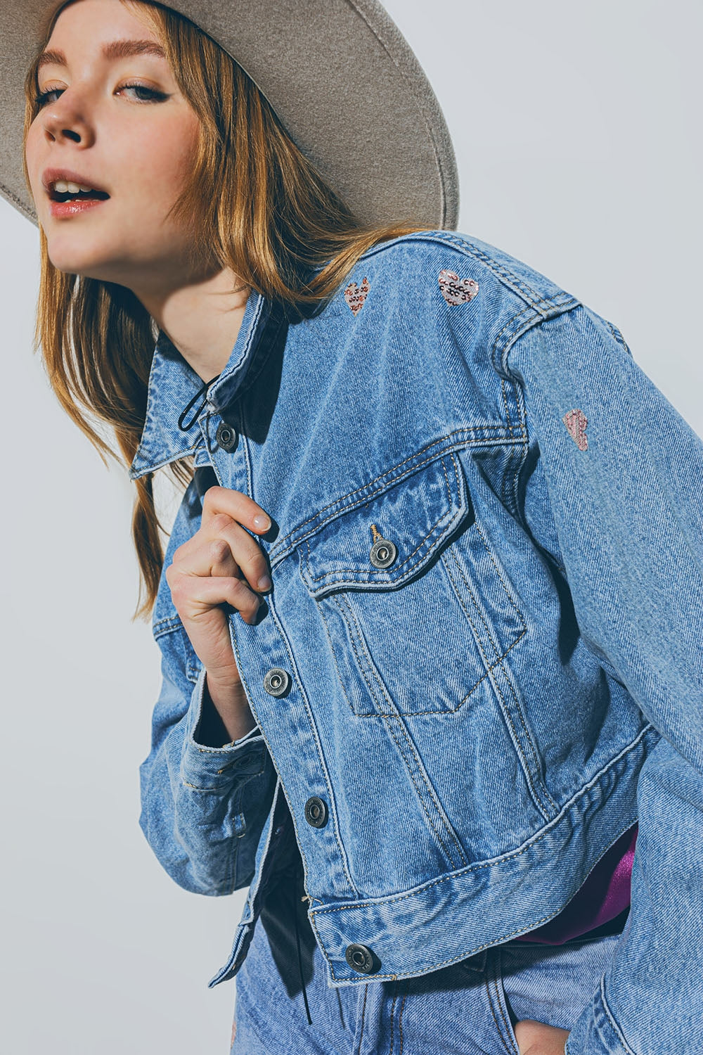 Cropped Denim Jacket With Embellished Hearts in Mid Wash Q2 Coats and Jackets BoutiqueLua