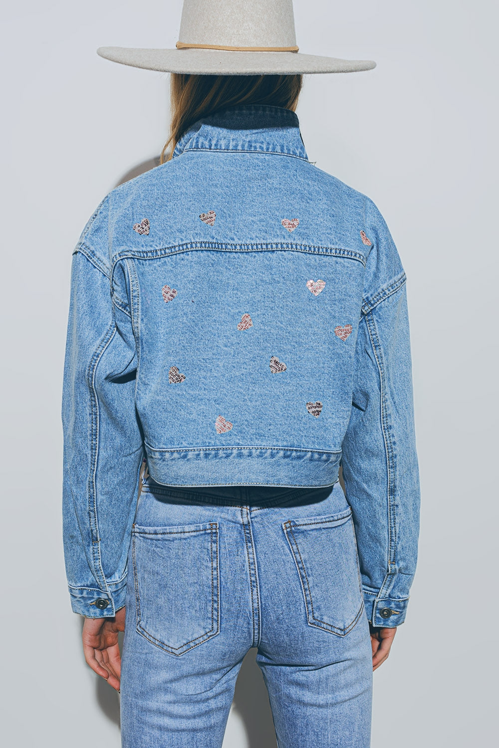 Cropped Denim Jacket With Embellished Hearts in Mid Wash Q2 Coats and Jackets BoutiqueLua