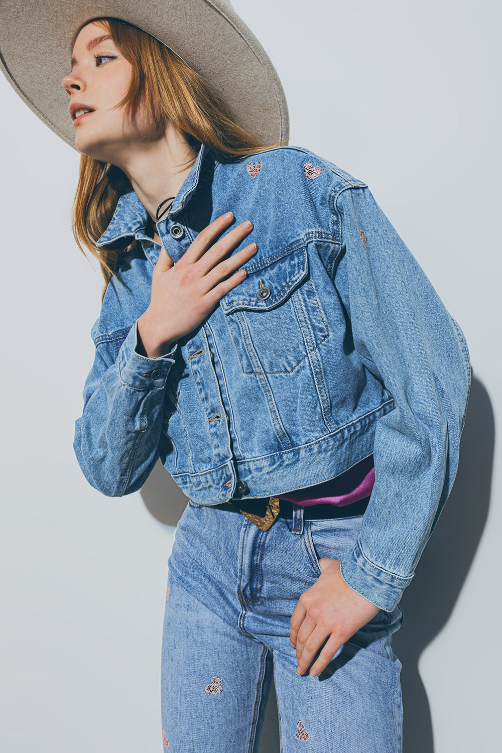 Cropped Denim Jacket With Embellished Hearts in Mid Wash Q2 Coats and Jackets BoutiqueLua