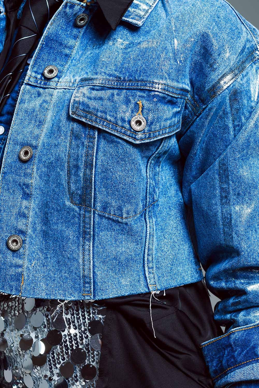 Cropped denim jacket  with raw hem in mid wash with metallic silver finish Q2 Coats and Jackets BoutiqueLua