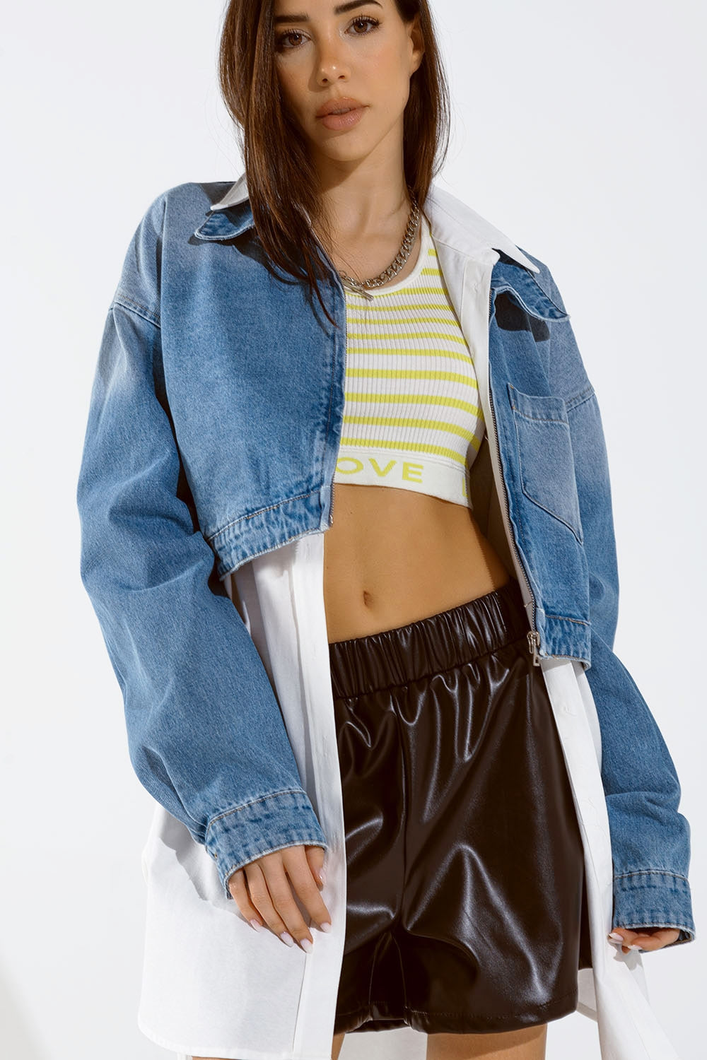 Cropped Denim Jacket with zipper closure and hand painted print at the  back Q2 Coats and Jackets BoutiqueLua