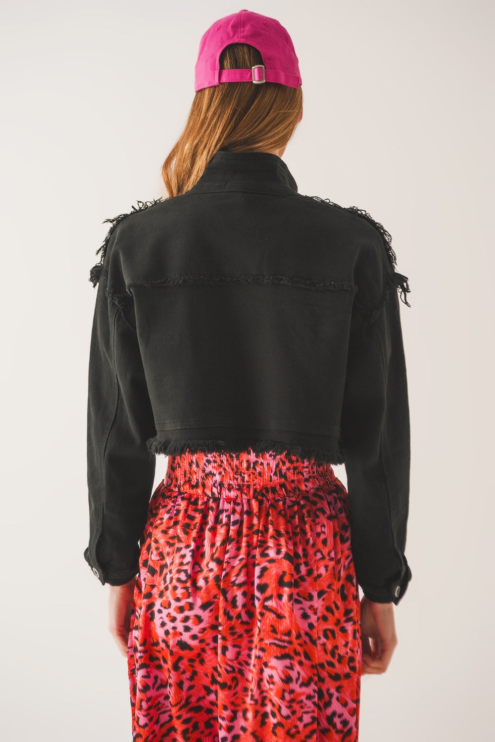 Cropped denim trucker jacket in black Q2 Coats and Jackets BoutiqueLua