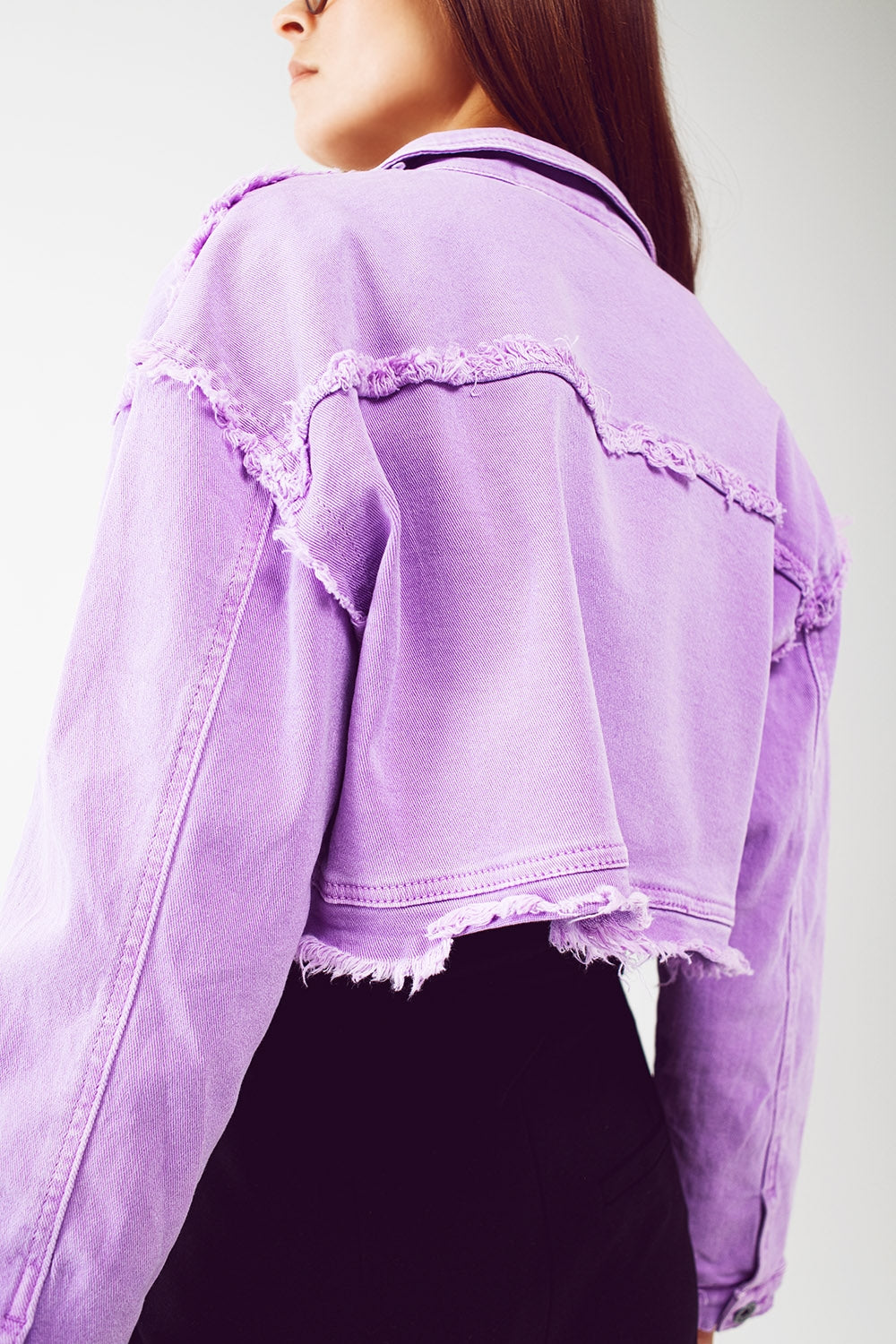 Cropped denim trucker jacket in purple Q2 Coats and Jackets BoutiqueLua