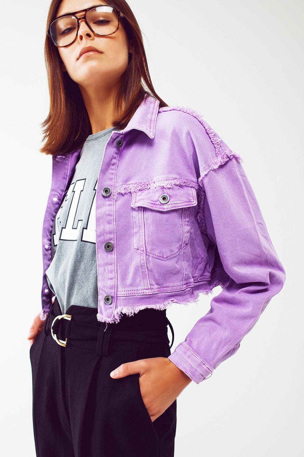 Cropped denim trucker jacket in purple Q2 Coats and Jackets BoutiqueLua