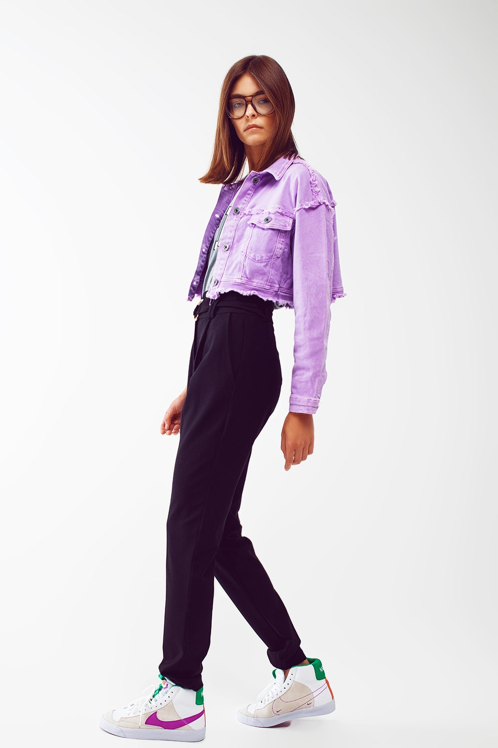 Cropped denim trucker jacket in purple Q2 Coats and Jackets BoutiqueLua