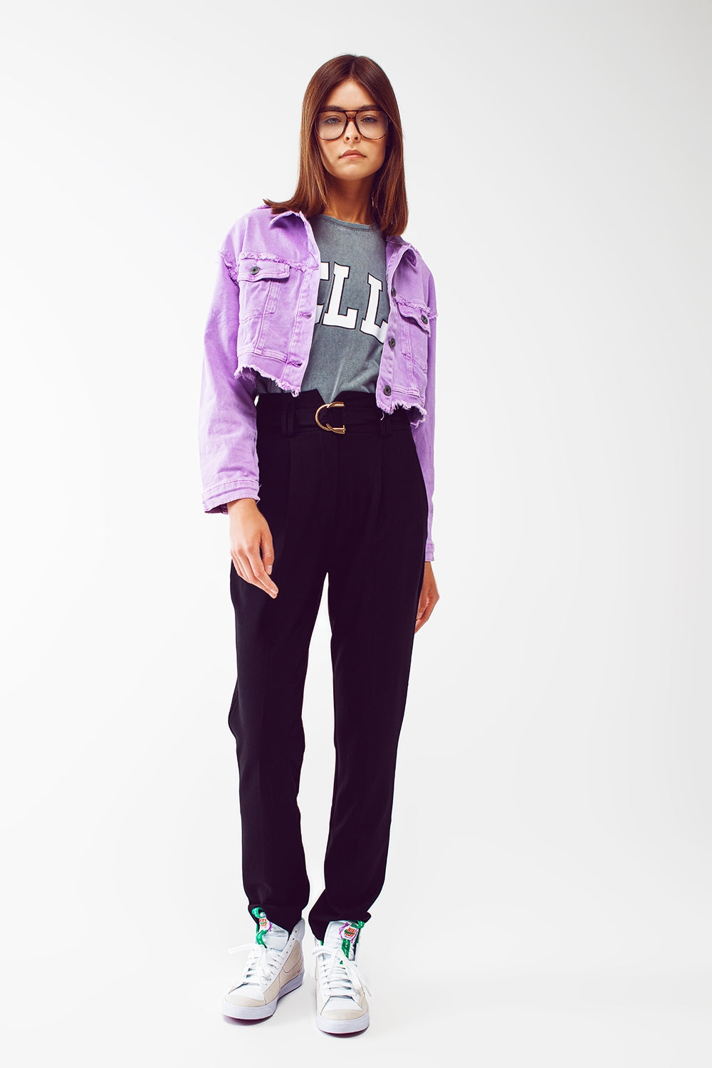 Cropped denim trucker jacket in purple Q2 Coats and Jackets BoutiqueLua