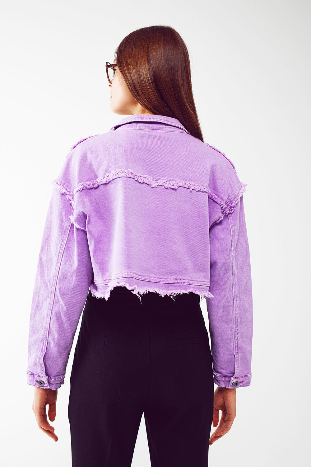 Cropped denim trucker jacket in purple Q2 Coats and Jackets BoutiqueLua