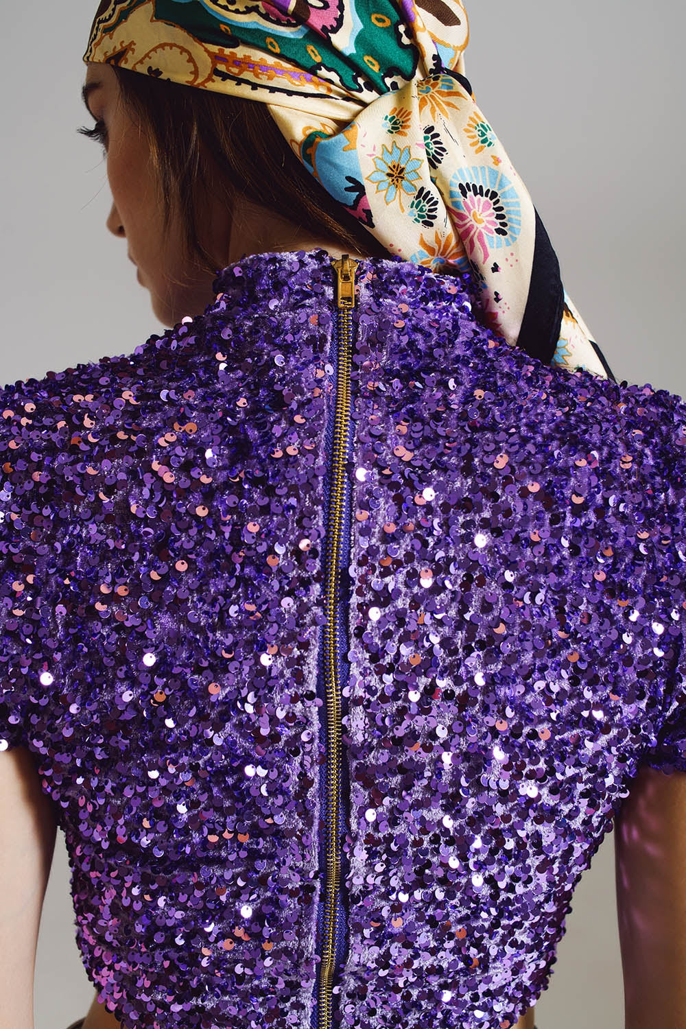 Cropped High Neck Top in Purple Sequin Q2 Tops BoutiqueLua