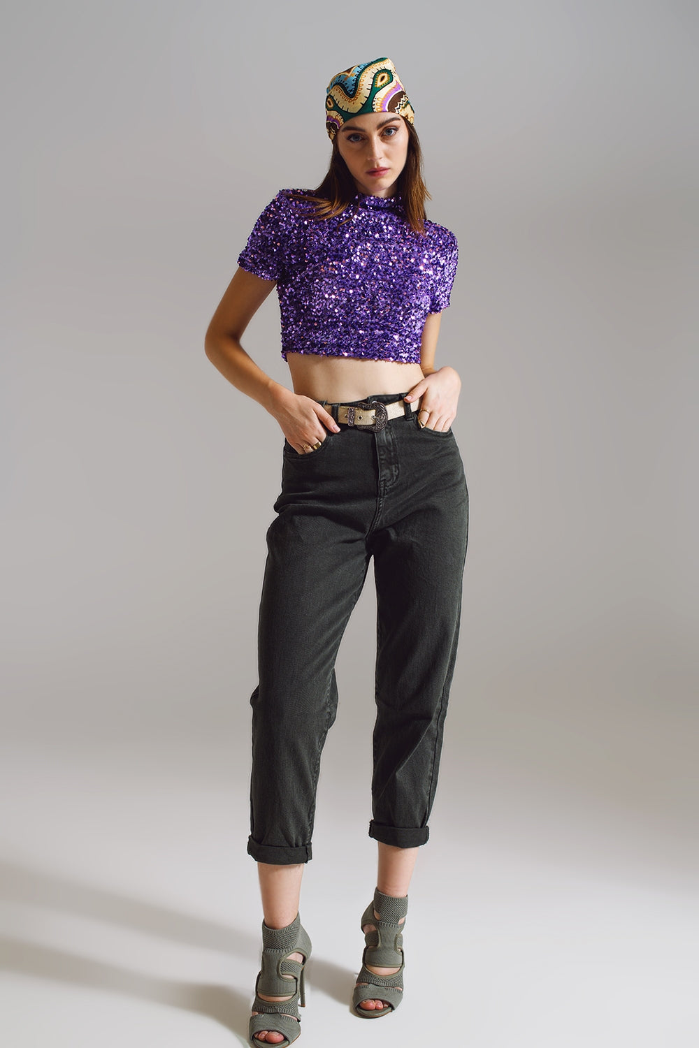 Cropped High Neck Top in Purple Sequin Q2 Tops BoutiqueLua