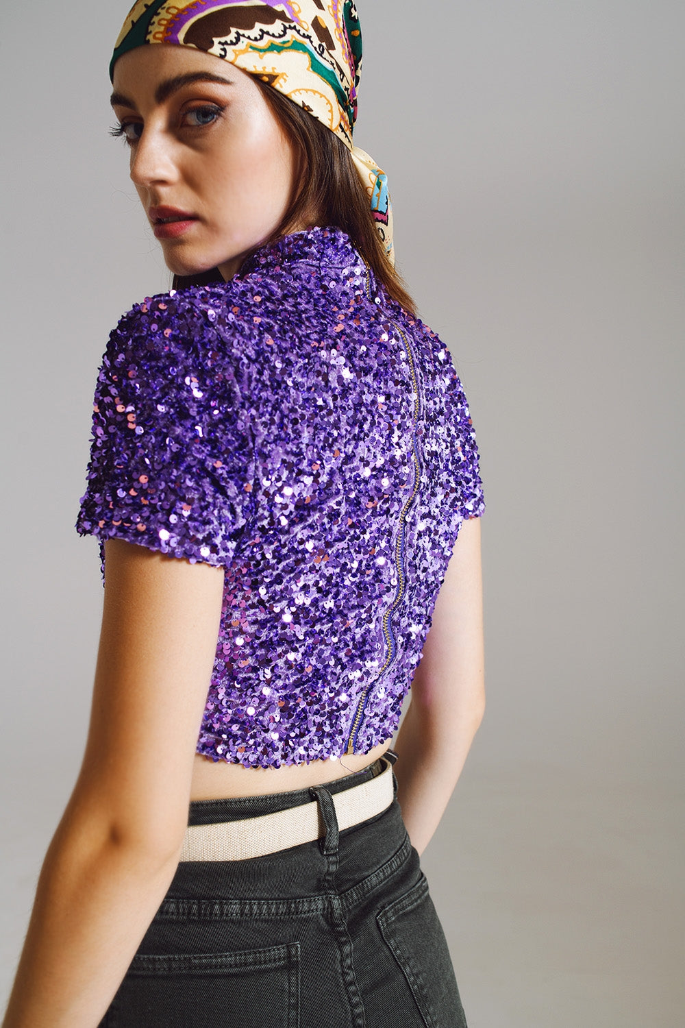 Cropped High Neck Top in Purple Sequin Q2 Tops BoutiqueLua