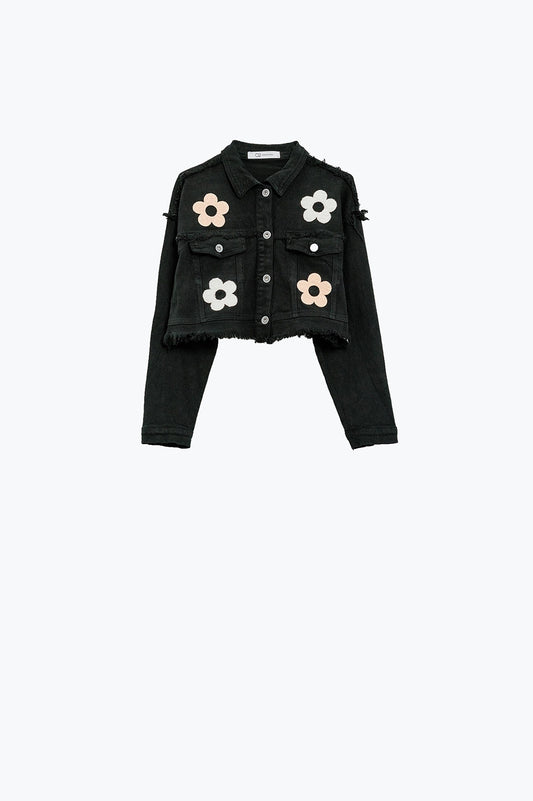Cropped Jacket With Chest Pockets and Flower Details in black - Jackets