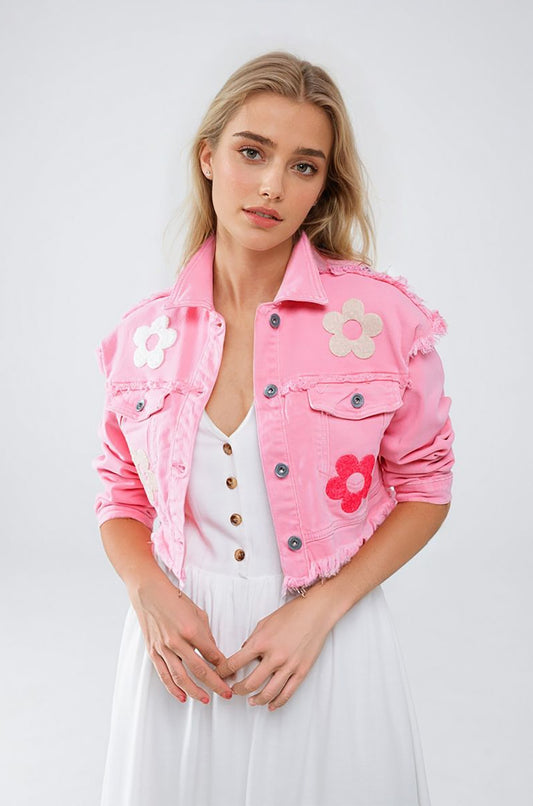 Cropped Jacket With Chest Pockets and Flower Details in Pink - Jackets
