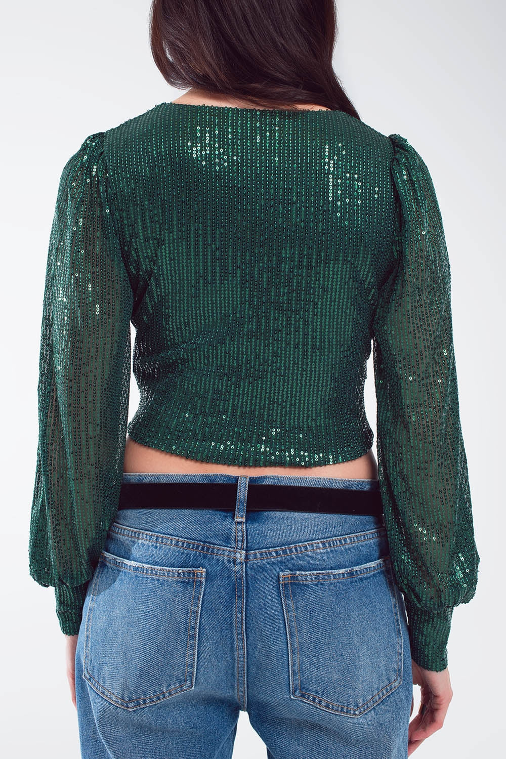 Cropped long Sleeve Sequin Top With V-neck and Rouched Design in Green Q2 Tops BoutiqueLua