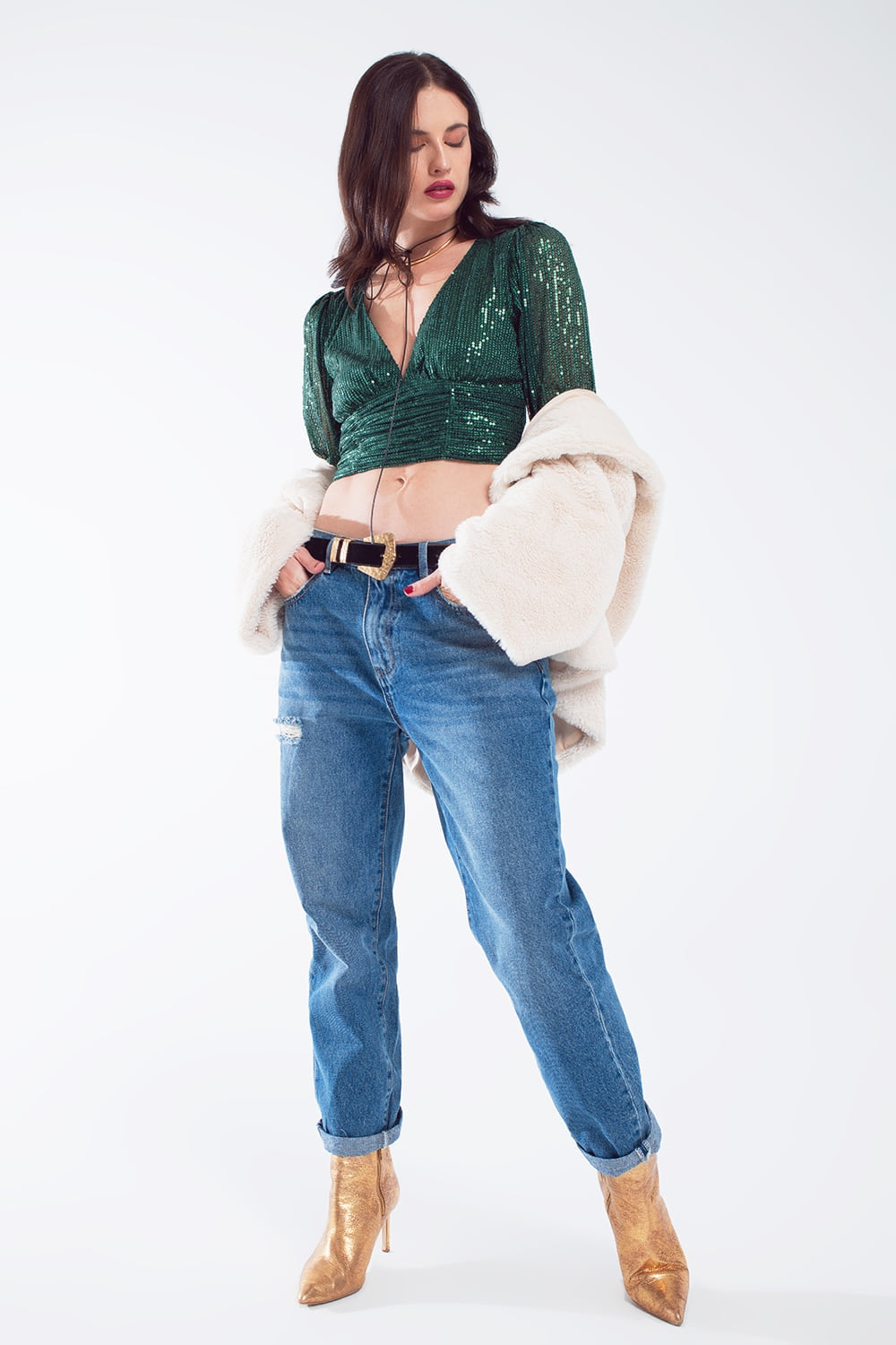 Cropped long Sleeve Sequin Top With V-neck and Rouched Design in Green Q2 Tops BoutiqueLua