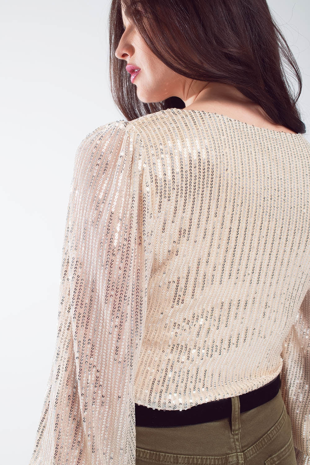 Cropped long Sleeve Sequin Top With V-neck and Rouched Design in Pearl White Q2 Tops BoutiqueLua