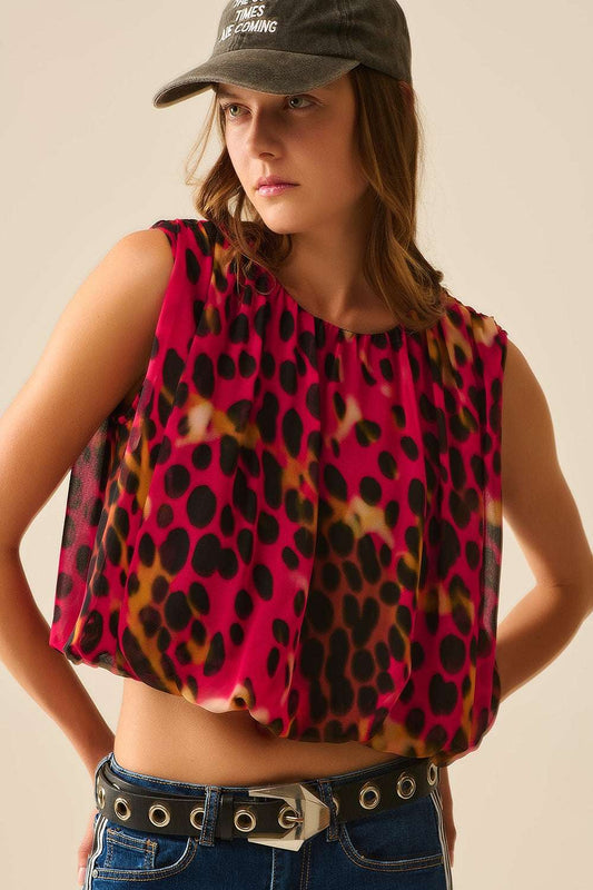 Cropped Pleated Animal Print Top in Red and Black - Tops