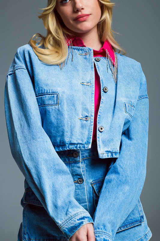 cropped relaxed denim jacket with chest welt pockets in light wash - Jackets
