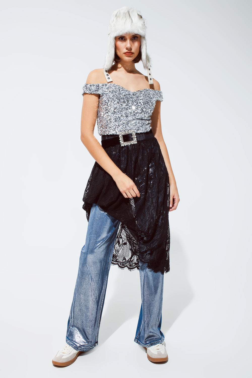 Cropped sequin glitter top in silver Q2 Tops BoutiqueLua