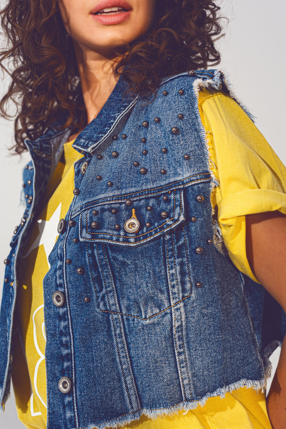 Cropped Studded Denim Vest in Blue Q2 Coats and Jackets BoutiqueLua