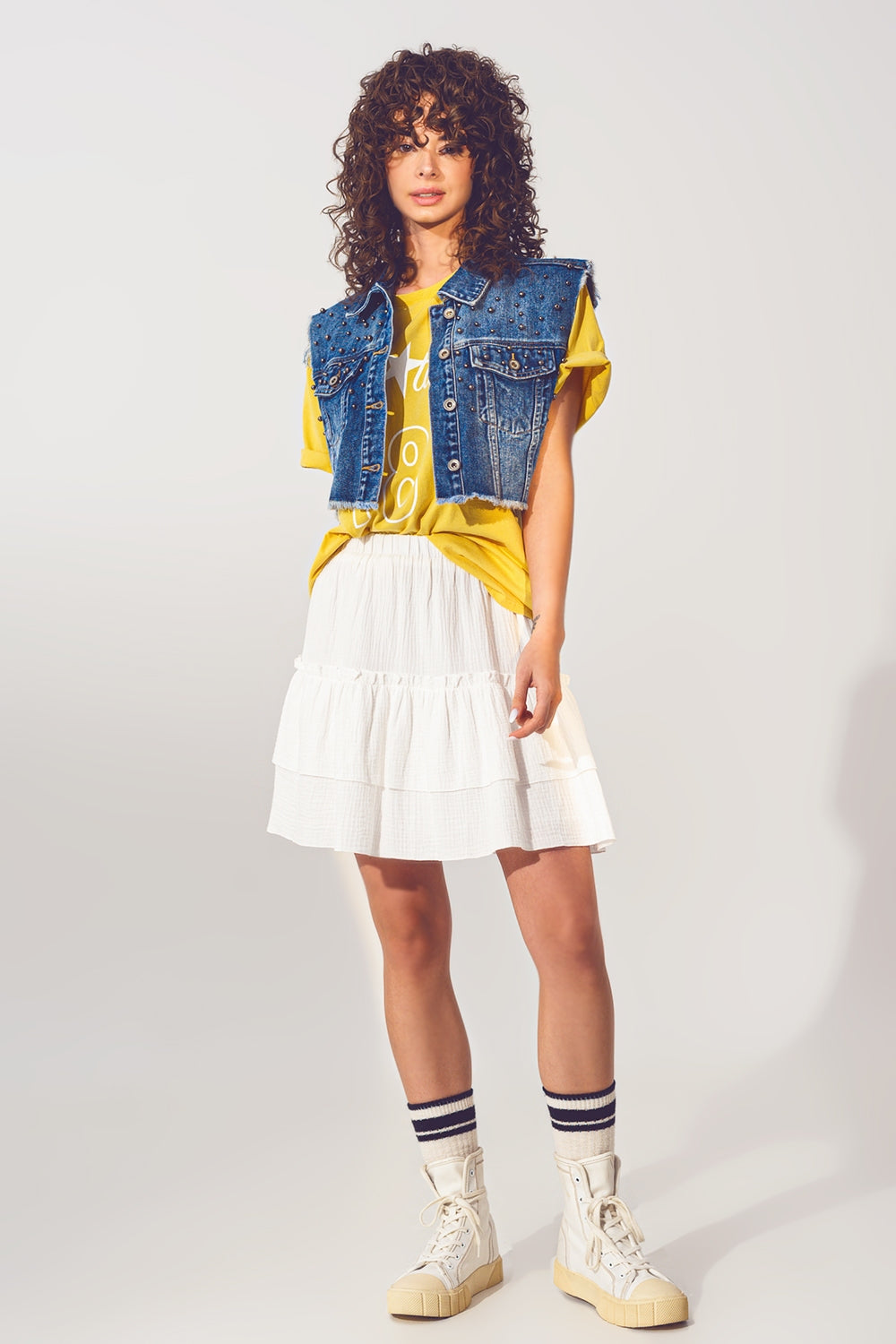 Cropped Studded Denim Vest in Blue Q2 Coats and Jackets BoutiqueLua