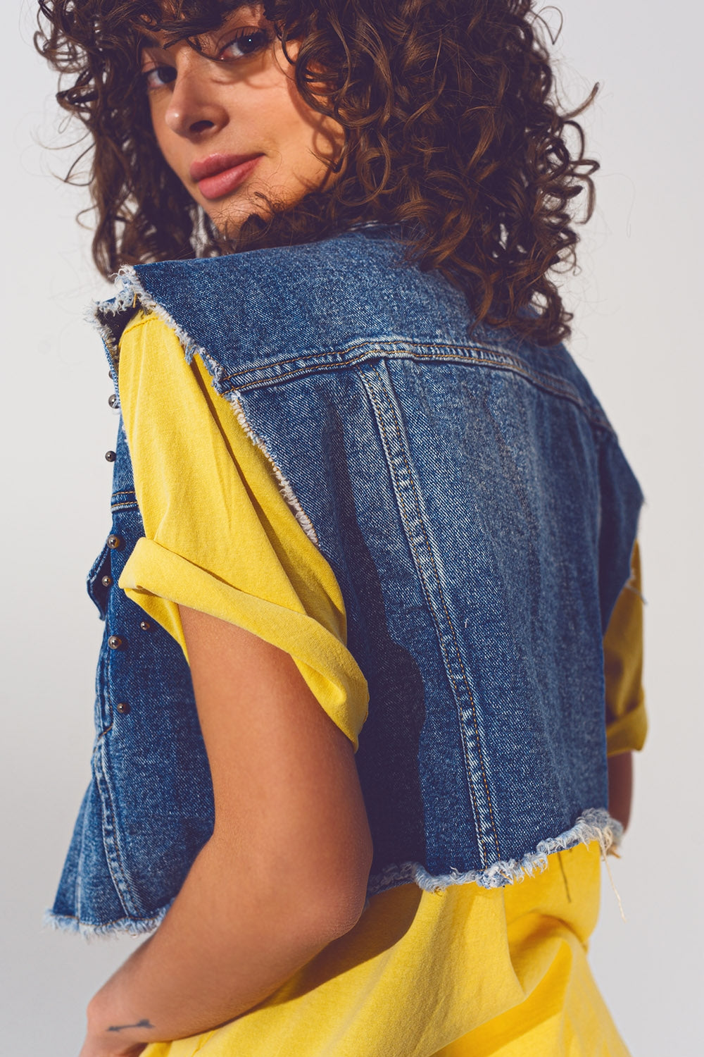 Cropped Studded Denim Vest in Blue Q2 Coats and Jackets BoutiqueLua