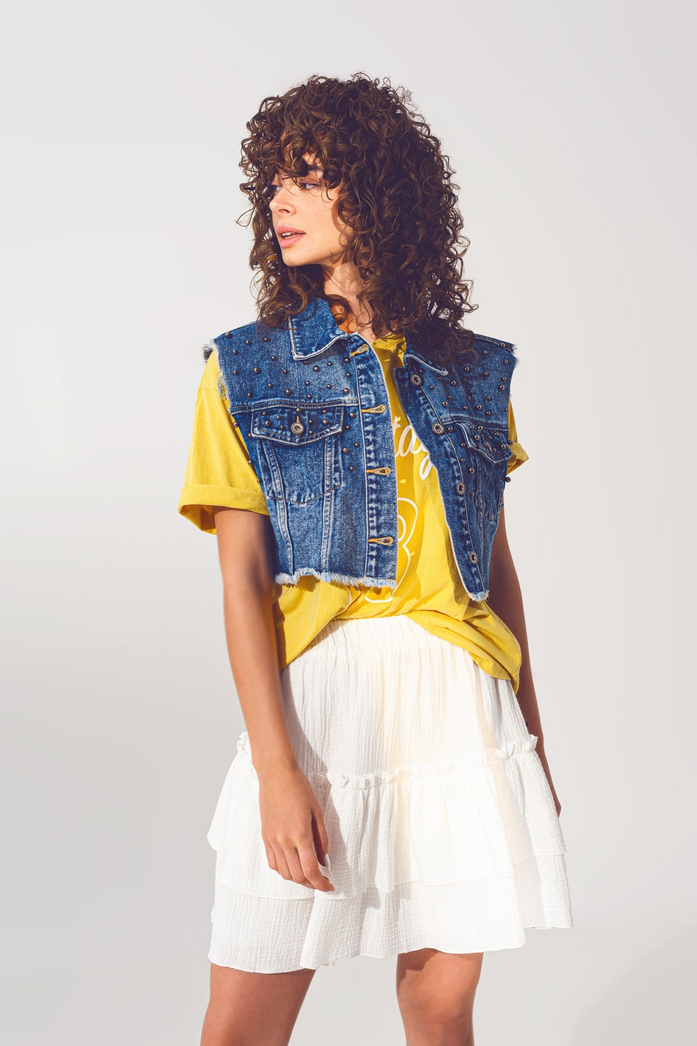 Cropped Studded Denim Vest in Blue Q2 Coats and Jackets BoutiqueLua