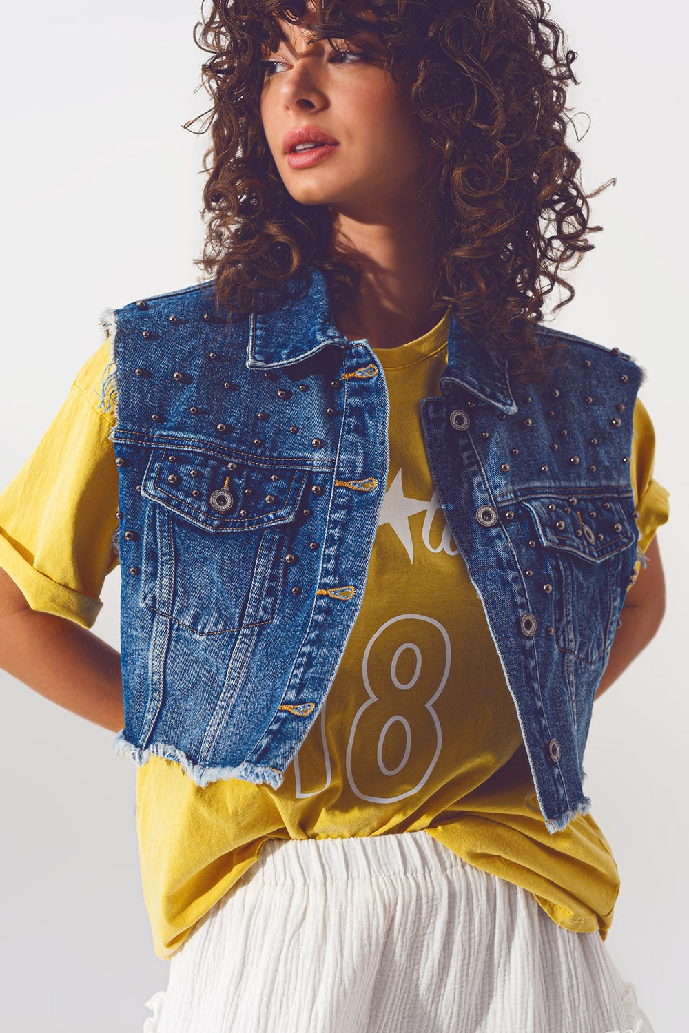 Cropped Studded Denim Vest in Blue Q2 Coats and Jackets BoutiqueLua