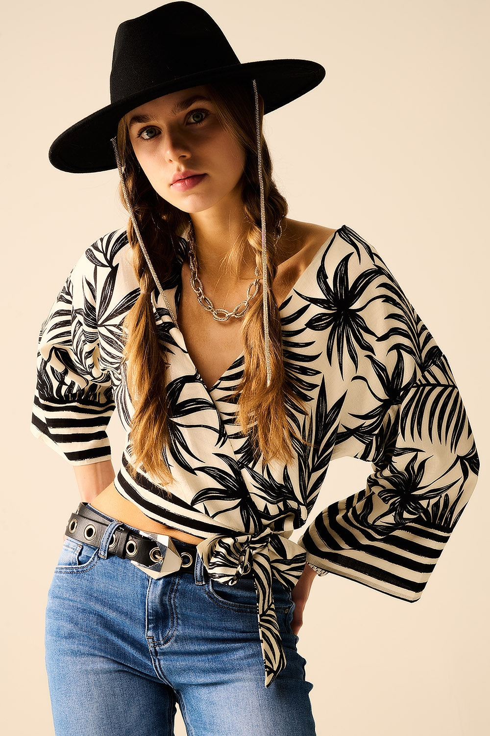 Cropped Top In White With Tropical Motif in Black - Tops