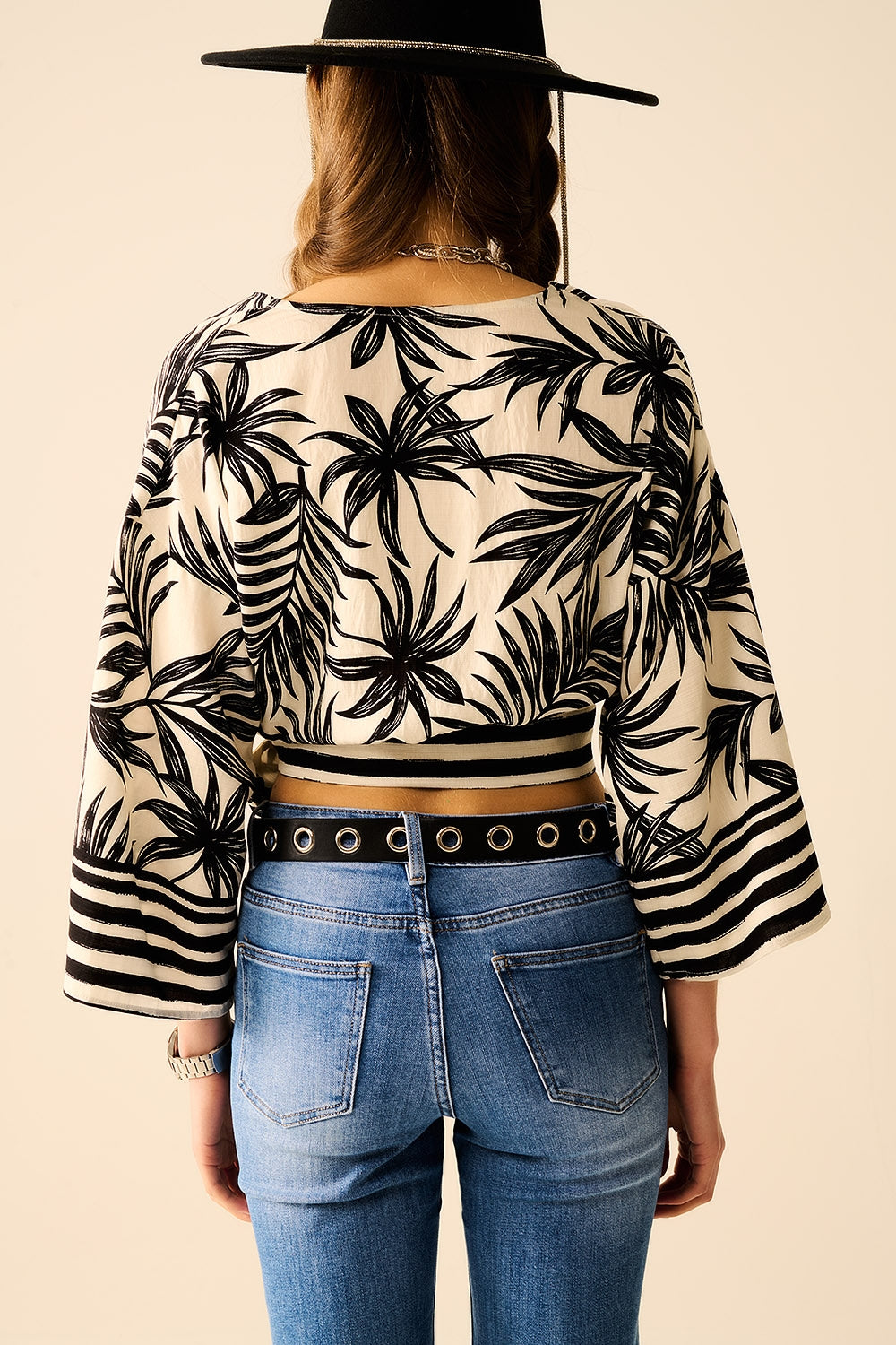 Cropped Top In White With Tropical Motif in Black - Tops