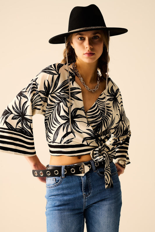 Cropped Top In White With Tropical Motif in Black - Tops