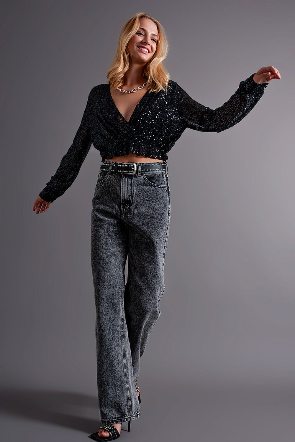 Cross over cropped and sheer top with sequins in black Q2 Shirts BoutiqueLua