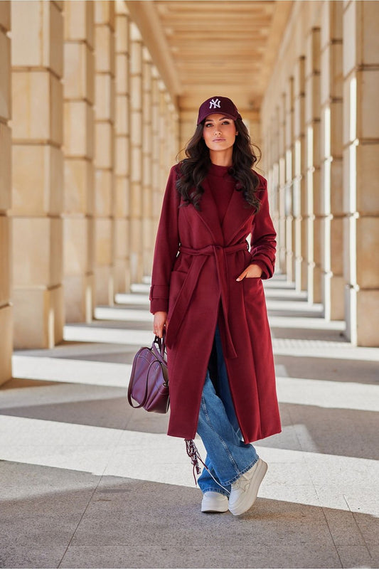 Classic Wool Waist-Tied Coat with Pockets red - Coats