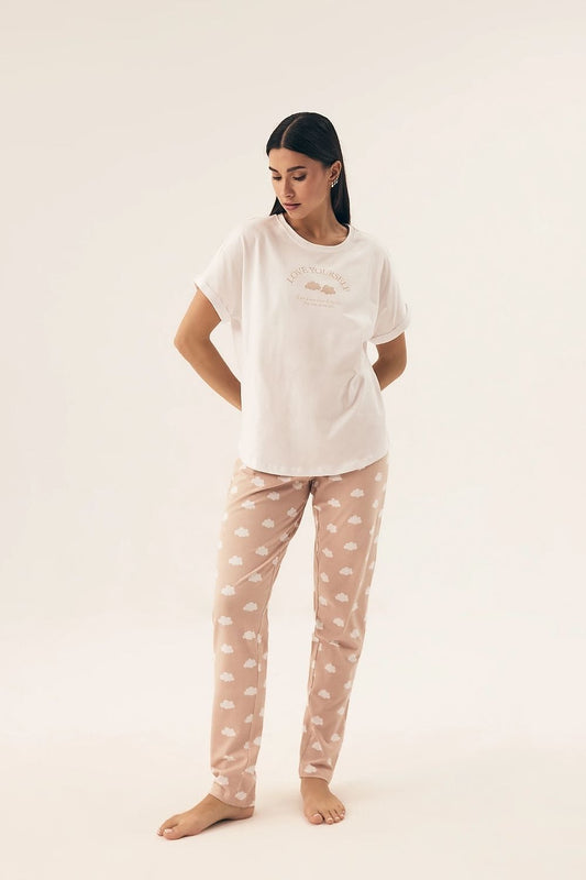 Cute Cloud Trousers and T-shirt Pyjama Set for Women beige - Pyjama Set