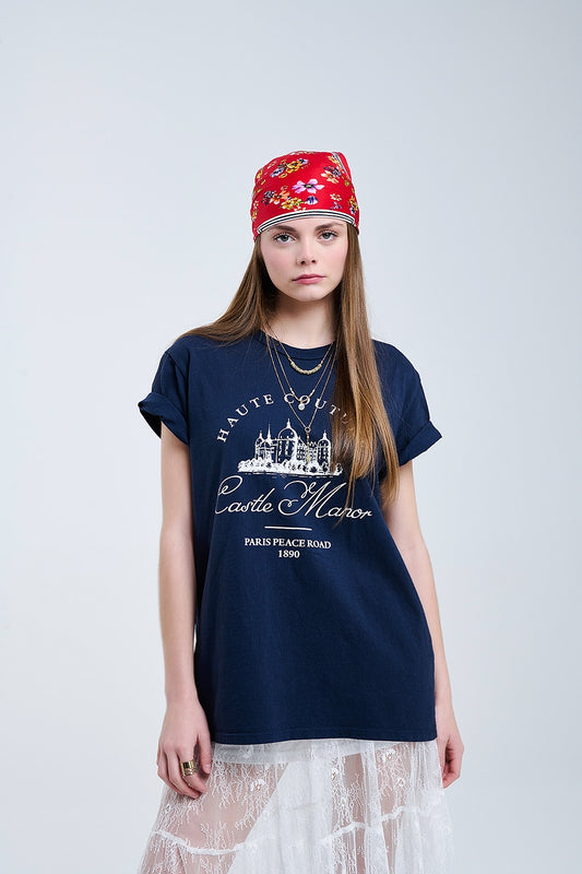 Dark Blue T Shirt With Castle Manor Design - T-Shirts