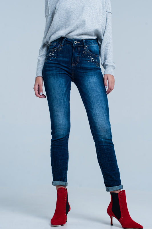 Dark Wash high waist Jeans with Rhinestone Details - Jeans