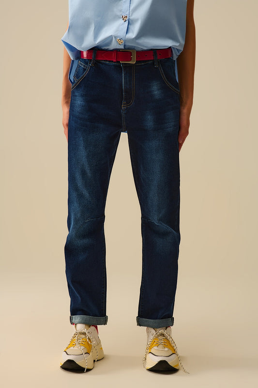 Dark wash jeans with contrast stitching and cuffed hems - Jeans