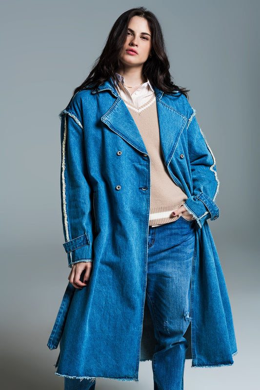 Demin trench coat with belt and raw edges in mid wash - Coats