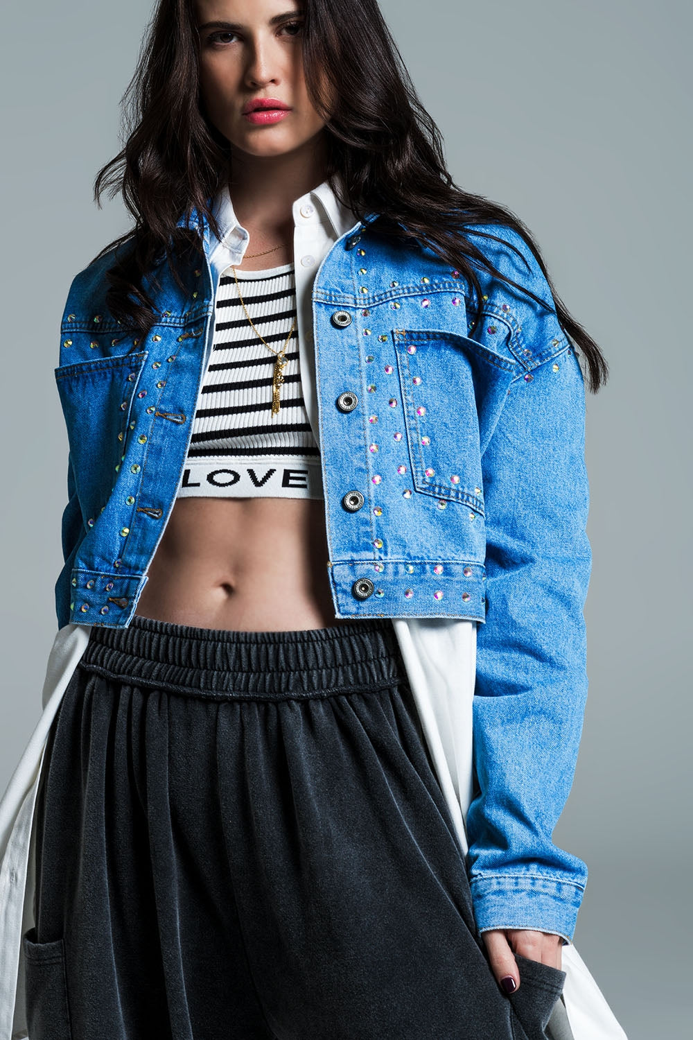 Denim cropped jacket in blue with studs and chest pockets - Jackets