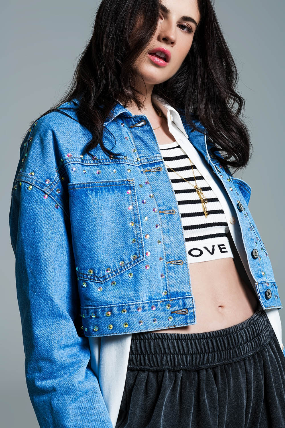 Denim cropped jacket in blue with studs and chest pockets - Jackets