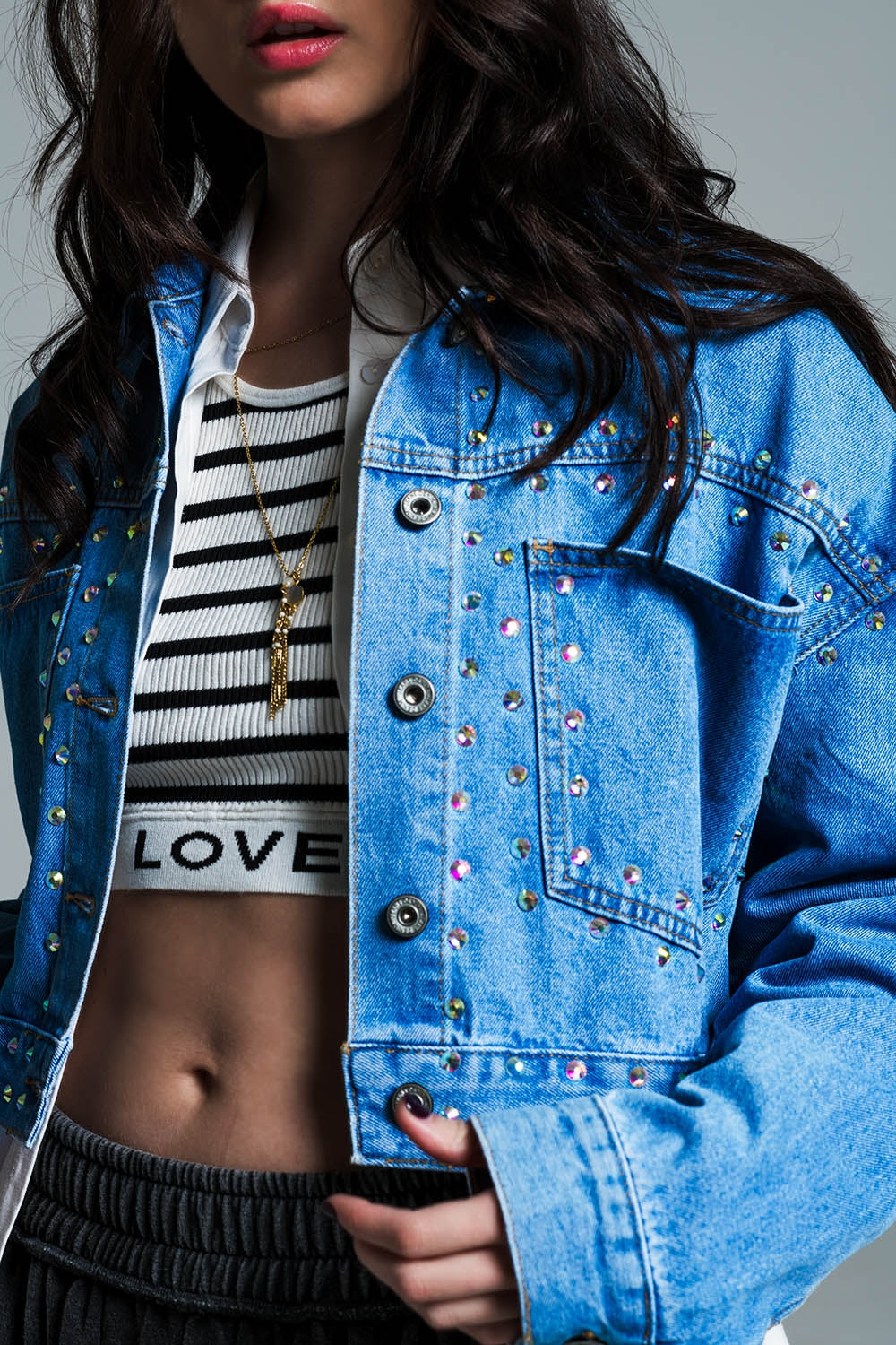 Denim cropped jacket in blue with studs and chest pockets - Jackets