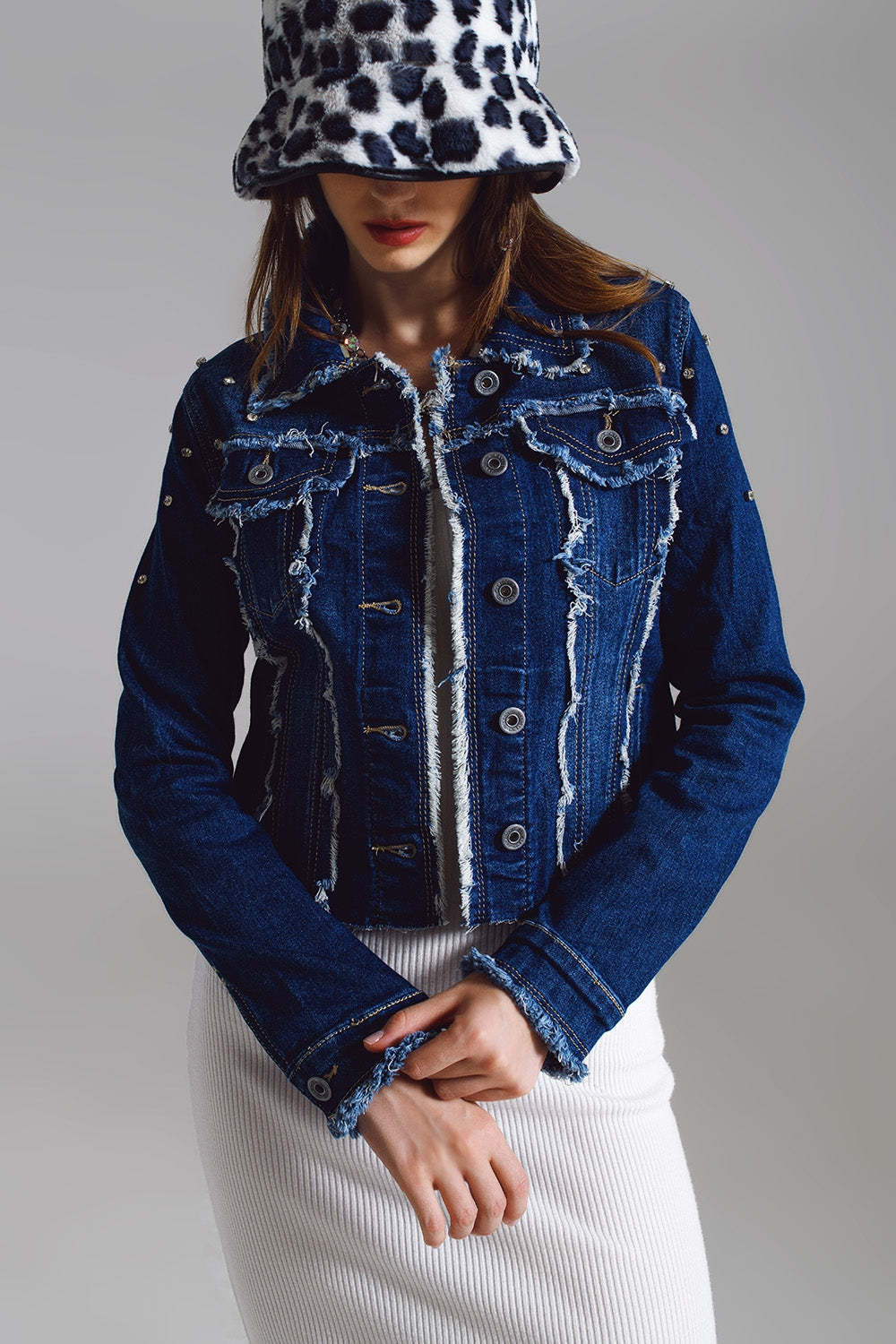 Denim jacket with frayed and embroidered details in Midwash Q2 Coats and Jackets BoutiqueLua