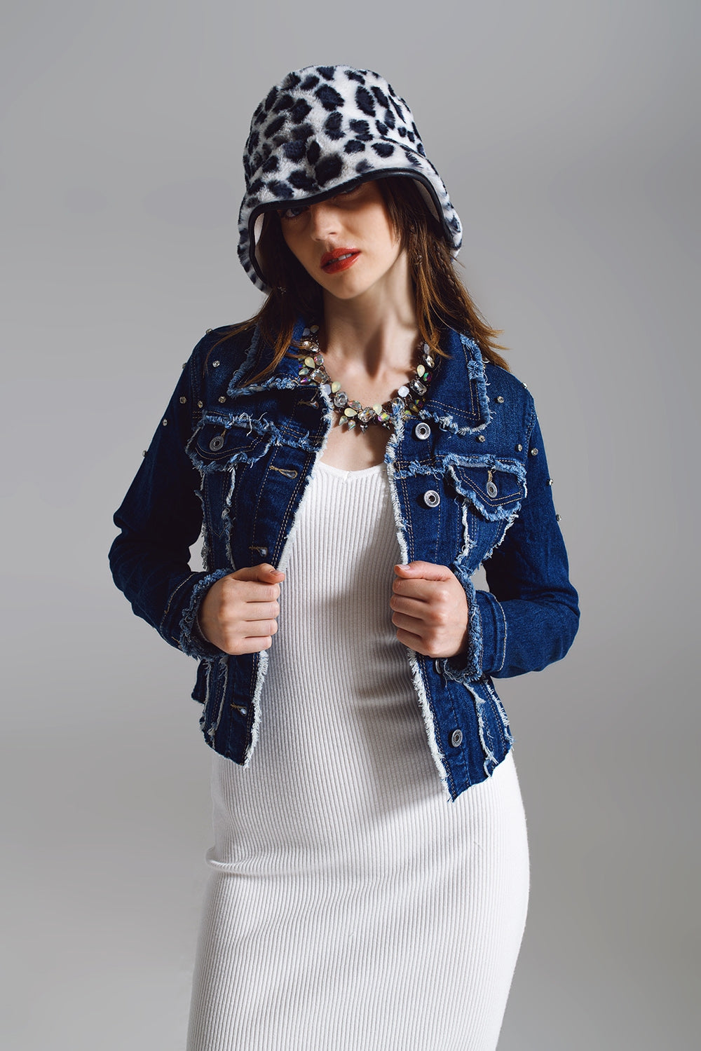 Denim jacket with frayed and embroidered details in Midwash Q2 Coats and Jackets BoutiqueLua