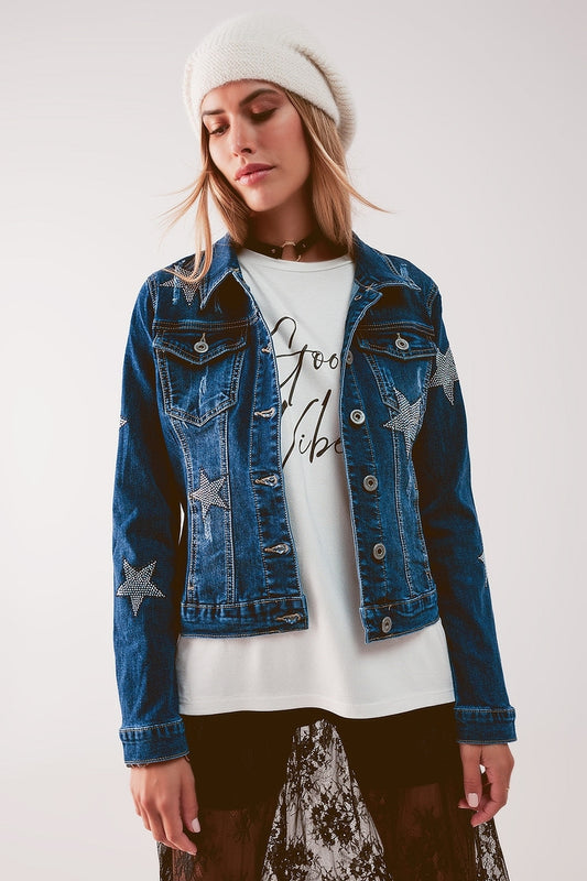 Denim jacket with star embellishment in midwash - Jackets