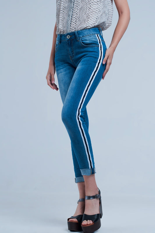 Denim jeans with crinkled legs and side stripe - Jeans
